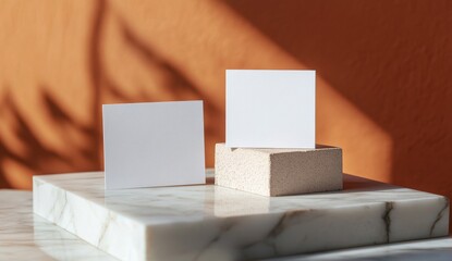 Blank business cards on marble podiums, showcasing branding opportunities