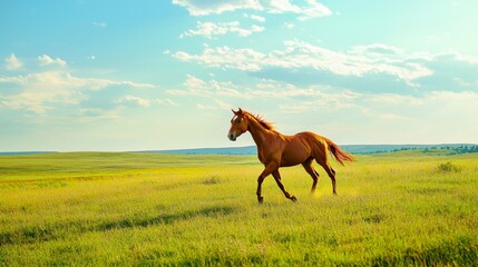 horse running on the grassland in a bright sunny day, green grass