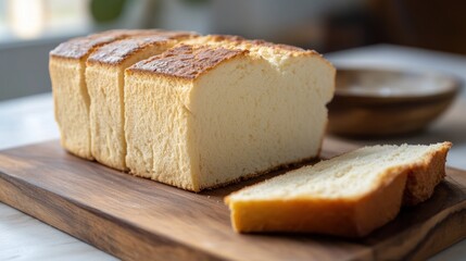 Sliced loaf of homemade bread on wooden cutting board