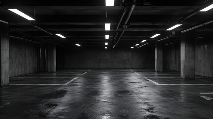 Dark  Moody Empty Parking Garage Interior.