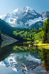 Fototapeta na wymiar Pristine Mountain Landscape with Reflective Lake, Greenery, and Snow-Capped Peaks on a Clear Day