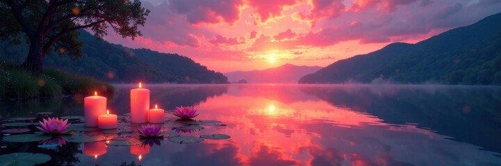Naklejka premium Dreamy sunset over a serene lake with floating candles and water lilies, peaceful, candles