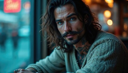 Intense Gaze: A Portrait of a Man with Long Hair and Tattoos