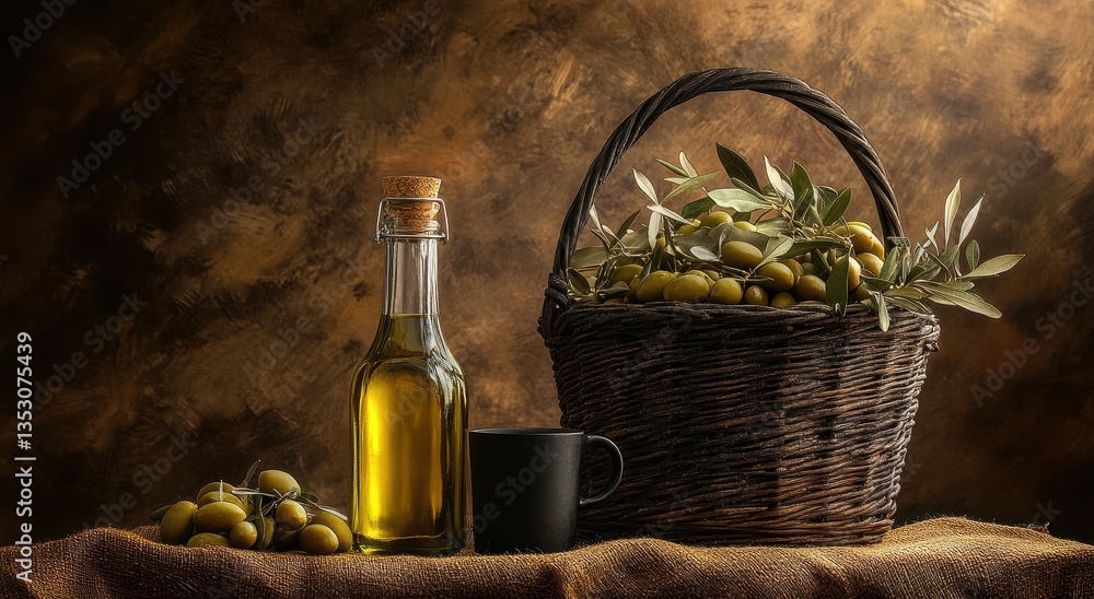 Aufkleber fresh olives and olive oil in a rustic setting with a woven basket and a cup against a textured back