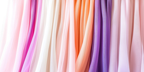 Assortment of curtains and tulle in different colors and fabrics. Background for a curtain store.