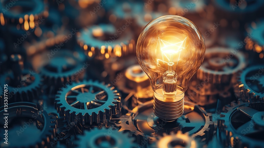 Poster a close-up of a light bulb surrounded by gears and cogs, representing the mechanics of thought and t