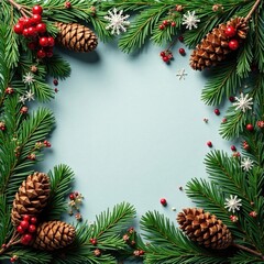 Fir branches with pine cones, snowflakes and berries adorn a rustic Christmas border , pine, cone, christmas