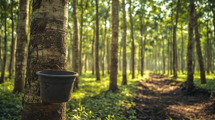 Rubber Tree Plantation Harvesting Latex in a Lush Green Forest
