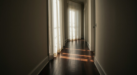 Spacious Corridor with Natural Light and Serene Oak Flooring - Modern Interior Design