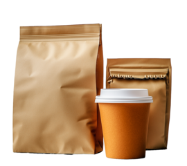 Gold Foil Packaging for Coffee Beans with a Disposable Coffee Cup Isolated on transparent