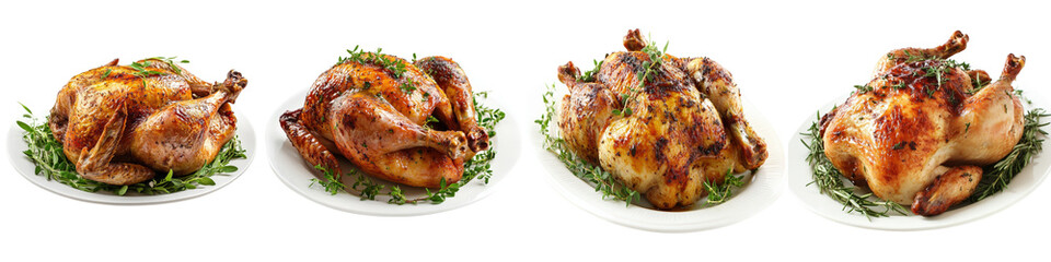 Four golden brown roasted chickens garnished with herbs on plates, showing cooked perfection.