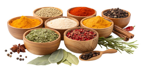 Spices and herbs in bowls with red chili, paprika, and cinnamon on a white background