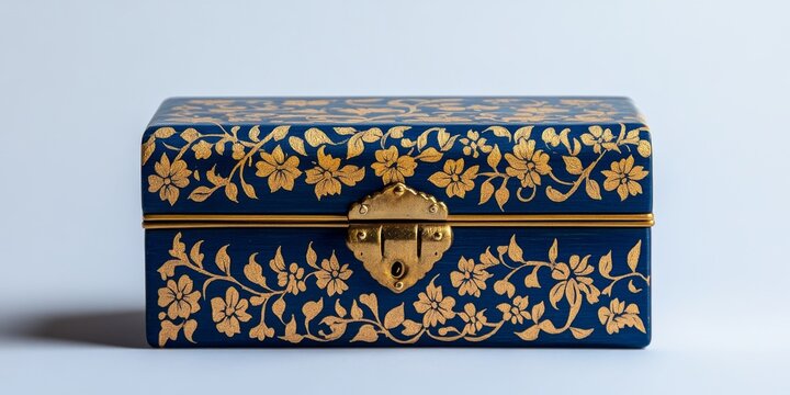Closed blue wooden decorative box with golden floral pattern and brass latch on white background