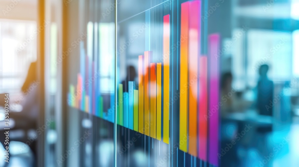 Aufkleber a colorful d bar chart on a transparent screen, showing financial performance over time, with blurre