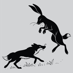 a rabbit zigzagging to escape a fox silhouette vector design art and illustration