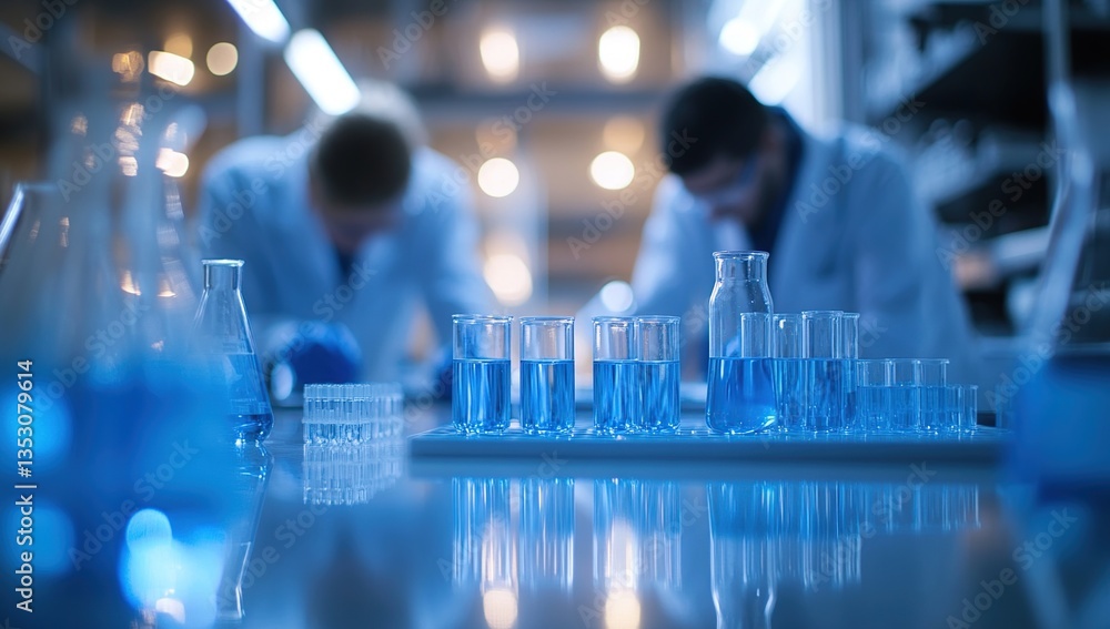 Poster two scientists conducting experiment in a modern laboratory setting