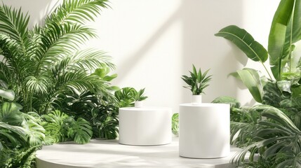 Obraz premium White Cylindrical Display Stands in Lush Tropical Garden Setting