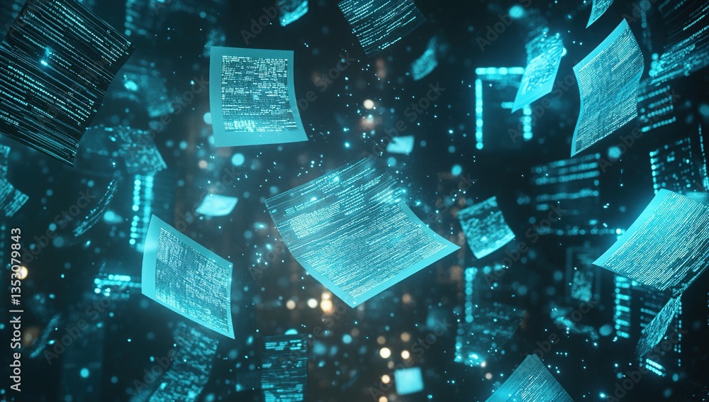 Poster abstract digital data stream: glowing blue squares float in dark space