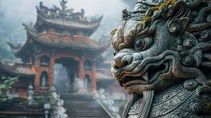 Fototapeta premium Stone guardian lion at misty mountain temple.