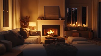 A cozy living room with a large sectional sofa, a roaring fireplace, and soft lighting from table lamps, creating a warm and inviting space for relaxation.