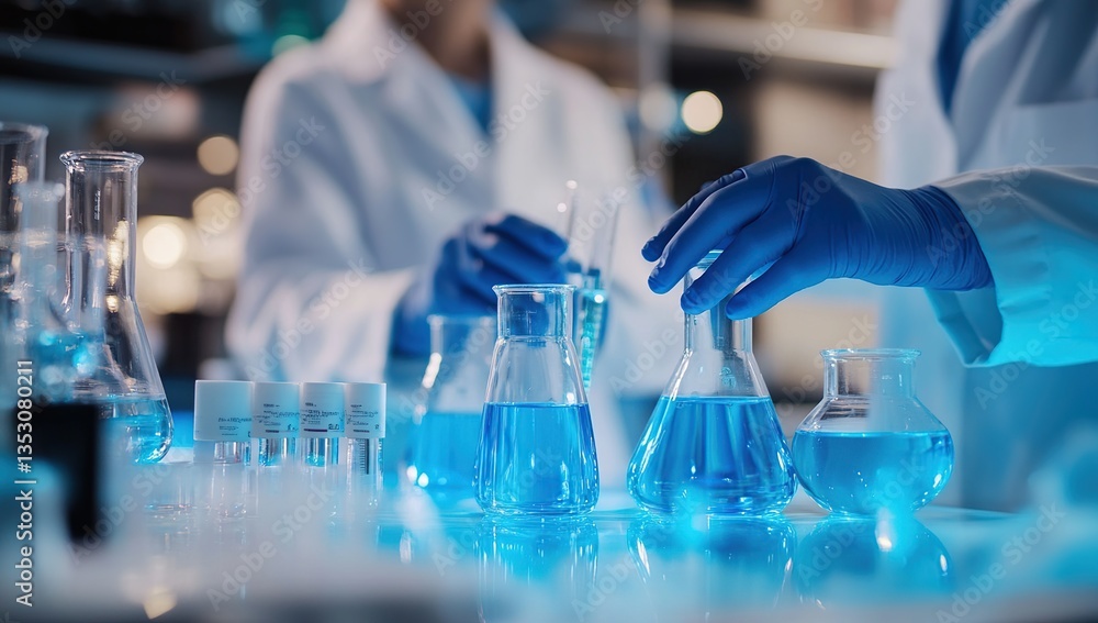Poster scientists in a lab conducting experiments with blue liquids