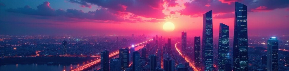 Fototapeta premium Futuristic cityscape with sleek skyscrapers and neon lights at dusk, urban, glow