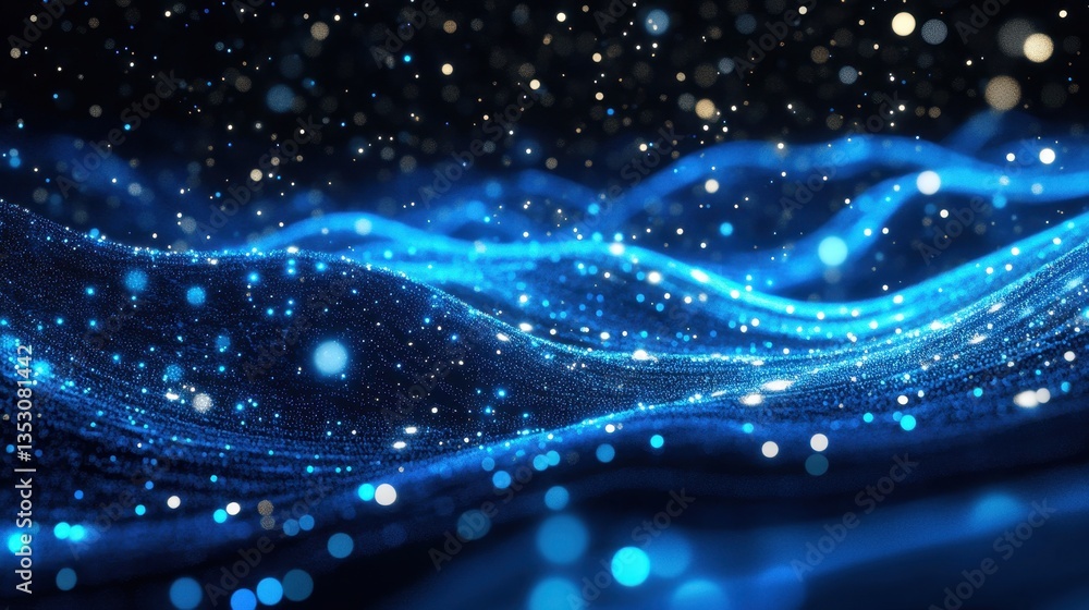 Poster glowing blue particle waves with abstract background.
