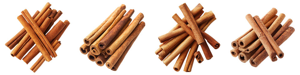 Four piles of cinnamon sticks show fragrant curled shapes, rich tones and textures.