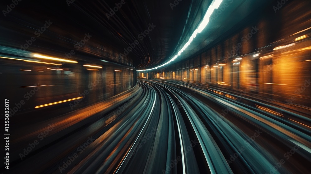 Poster a dynamic view of a subway train entering a dark tunnel, with lights illuminating the tracks and cre