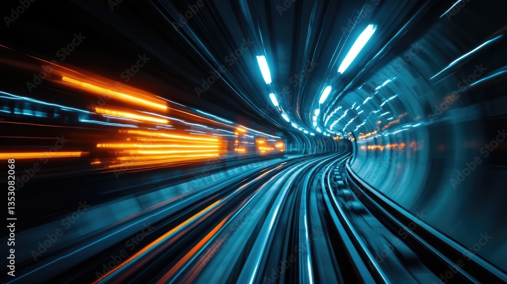 Poster a dynamic view of a subway train entering a dark tunnel, with lights illuminating the tracks and cre
