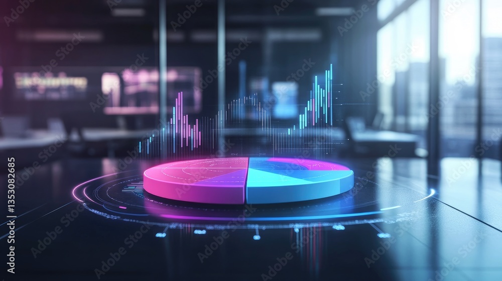 Poster a futuristic d pie chart with data percentages hovering above each segment, illustrating financial g