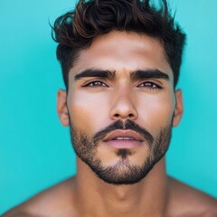 Obraz premium Striking portrait of a handsome man against a vibrant cyan backdrop