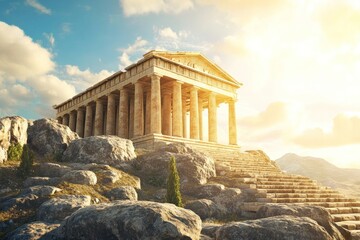 Fototapeta premium A classical ancient temple stands high on a rocky hillside
