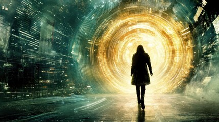 Woman Enters Glowing Portal in Futuristic City.