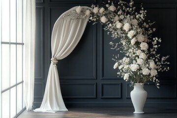 Elegant white flowers and drapes adorn a sophisticated interior design setting