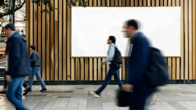 Street-level video of people walking past a blank billboard on a wooden wall. Motion blur adds a dynamic, urban feel to the scene.