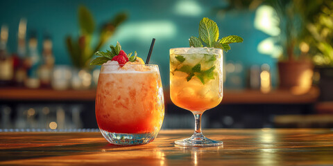 Refreshing tropical cocktails served during a sunny afternoon at a seaside bar
