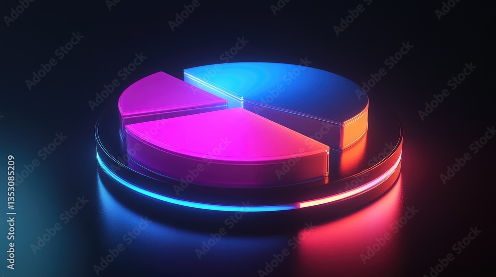 Poster a rotating d pie chart with glowing financial data labels, illustrating the distribution of assets i