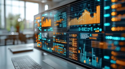 Wide monitor displaying data analytics dashboard.