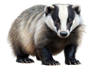 Fototapeta premium Badger Portrait: A photorealistic depiction of a European badger with distinctive black and white markings, standing on a white background.