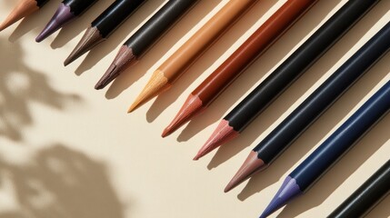 Fototapeta premium Colored pencils arranged on beige surface, natural light shadows. Possible use Educational supplies catalog
