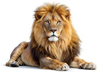 Obraz premium Majestic Lion: A regal male lion with a full, golden mane rests, its powerful gaze meeting the viewer, embodying strength and the wild spirit of the savanna.