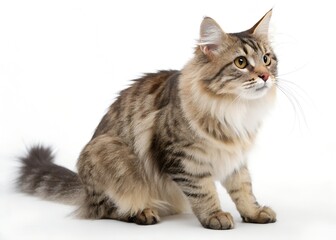 Fototapeta premium Majestic Maine Coon: A striking Maine Coon cat sits elegantly, its long, flowing fur a tapestry of rich colors, its eyes gleaming with a spark of intelligence. The cat gazes thoughtfully.