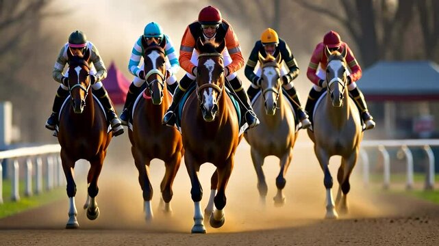 Dynamic low-angle video shot of a horse race, capturing the intensity and speed of galloping horses with jockeys in vibrant attire.