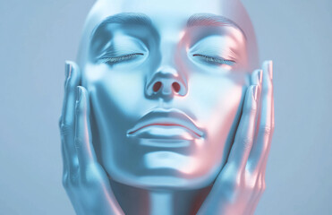 Close up of a silver mannequin head with closed eyes and hands on the face illuminated by blue light