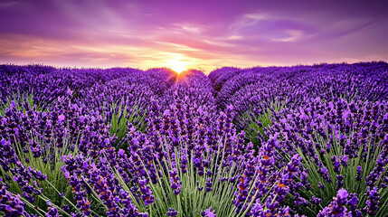 Fototapeta premium Lavender field sunset, picturesque landscape, purple flowers, idyllic scene, nature photography, travel postcard