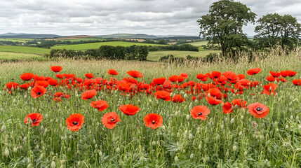 Fototapeta premium Poppy field landscape, rolling hills, summer day, scenic view, nature background, ideal for travel brochures