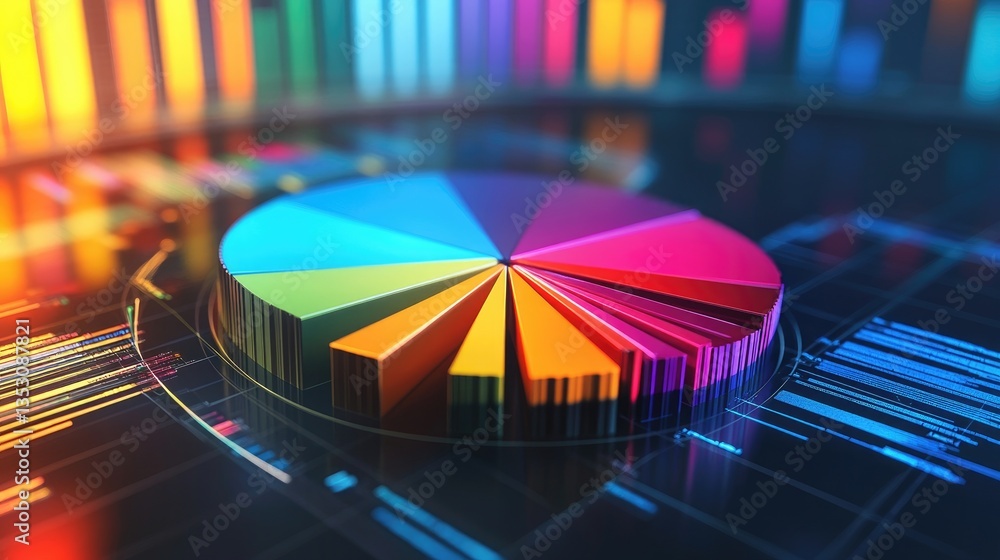 Poster a striking d pie chart displayed on a sleek digital screen, showcasing vibrant colors that represent