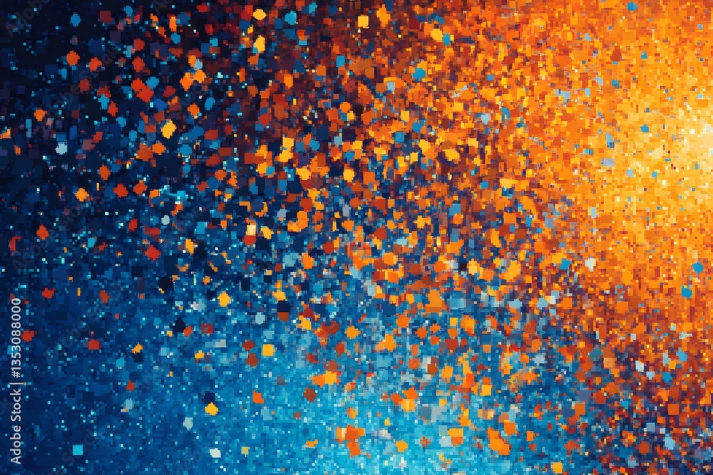 Poster abstract pixel particle background with orange and blue gradient and grainy texture