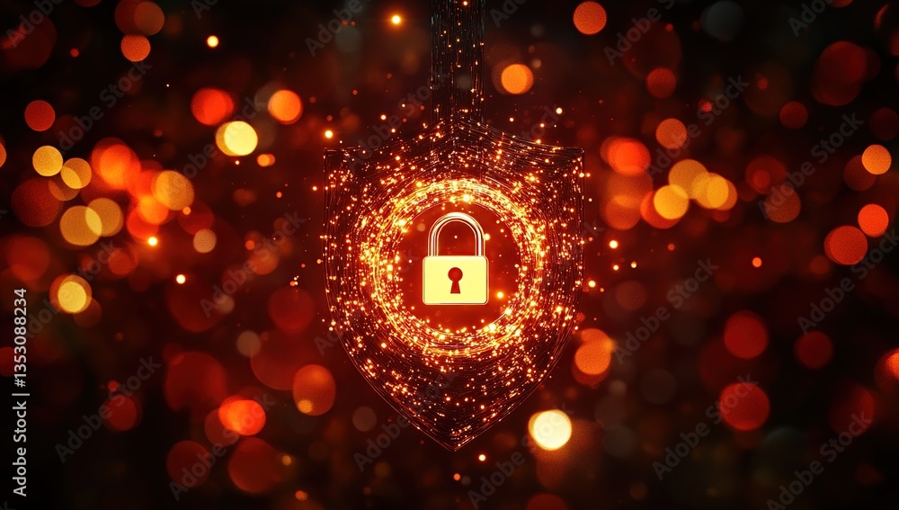 Poster abstract glowing gold lock in red bokeh background